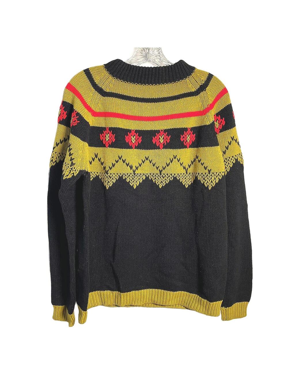 Vintage Black & Gold Hand Knit Fair Isle Heavy Pullover Sweater Size L Cottage